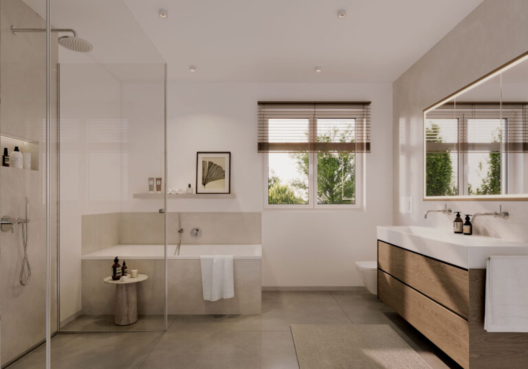 Visualisierung eines Bades in einem Mehrfamilienhauses mit fünf Wohnungen von DOMINO Bau in München Bogenhausen-Denning