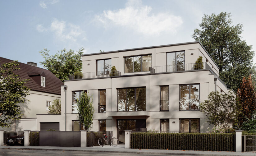 Visualisierung eines Mehrfamilienhauses mit fünf Wohnungen von DOMINO Bau in München Bogenhausen-Denning