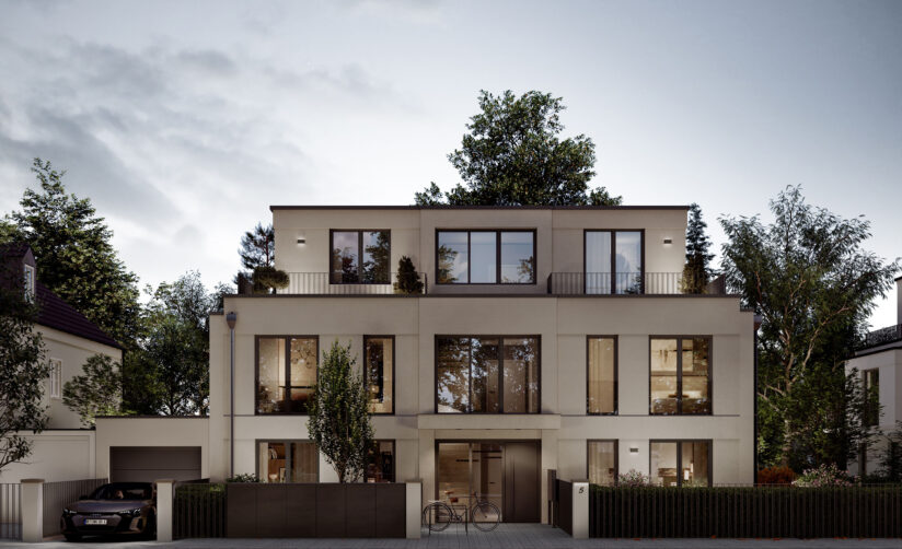 Visualisierung eines Mehrfamilienhauses mit fünf Wohnungen von DOMINO Bau in München Bogenhausen-Denning, Straßenansicht in der Dämmerung