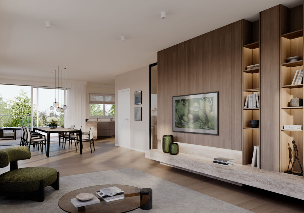Visualisierung eines Wohn-Essbereiches im Dachgeschoss in einem Mehrfamilienhauses mit fünf Wohnungen von DOMINO Bau in München Bogenhausen-Denning