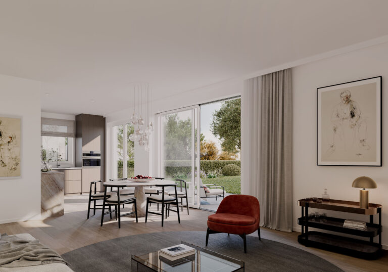 Visualisierung eines Wohn-Essbereiches im Erdgeschoss in einem Mehrfamilienhauses mit fünf Wohnungen von DOMINO Bau in München Bogenhausen-Denning