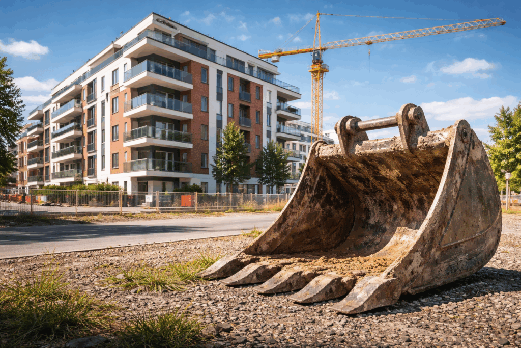Foto eines Neubaugebiets, im Vordergrund eine Baggerschaufel
