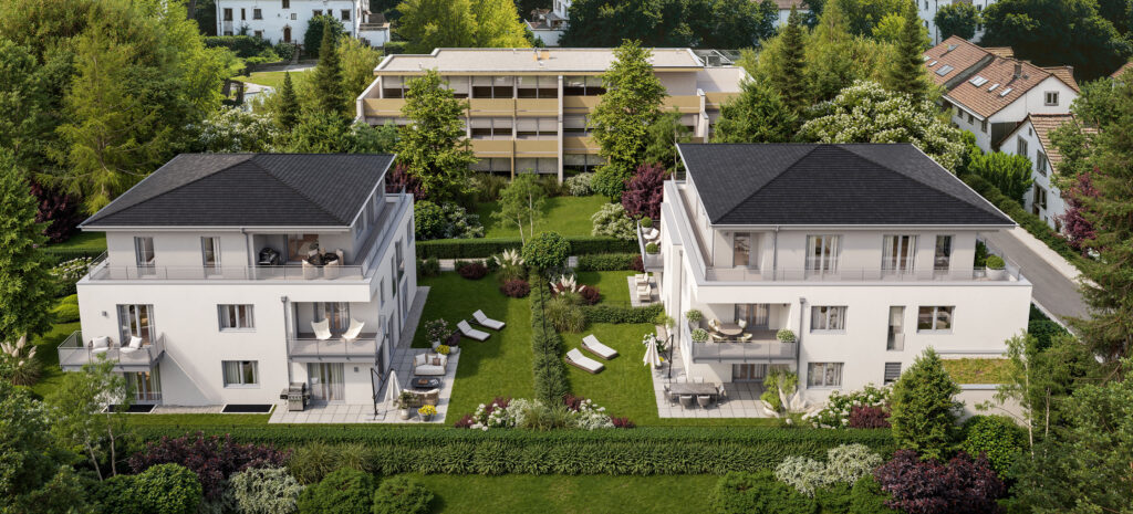 Illustration zweier Neubau-Mehrfamilienhäuser aus der Vogelperspektive in Forstenried von DOMINO Bau