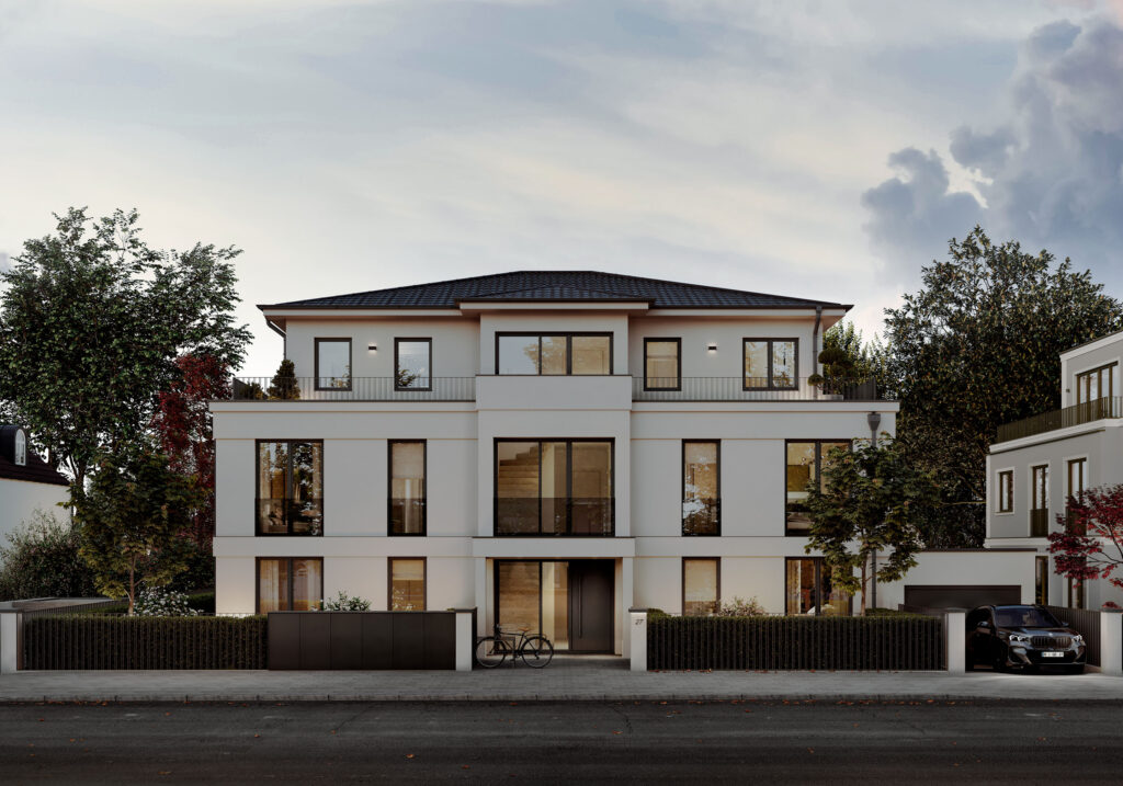 Visualisierung eines Mehrfamilienhauses mit fünf Wohnungen von DOMINO Bau in München Solln, Straßenansicht Abendstimmung