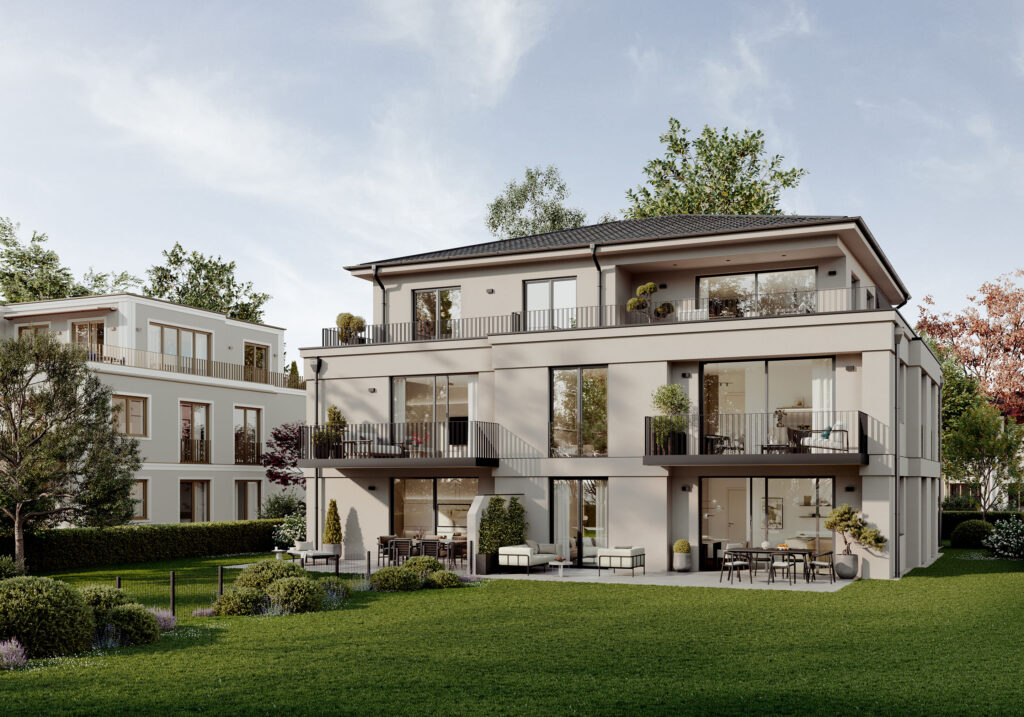 Visualisierung eines Mehrfamilienhauses mit fünf Wohnungen von DOMINO Bau in München Solln, Gartenansicht
