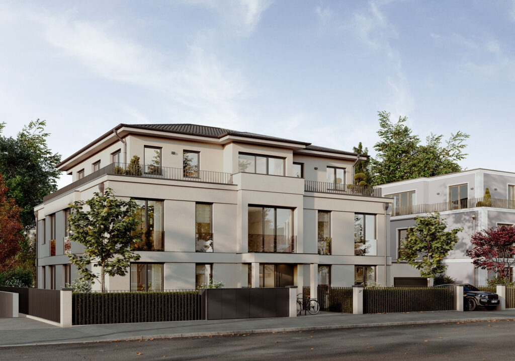 Visualisierung eines Mehrfamilienhauses mit fünf Wohnungen von DOMINO Bau in München Solln, Straßenansicht