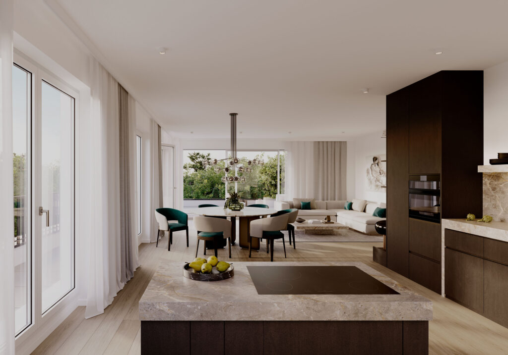 Visualisierung eines Penthouse-Wohnzimmers eines Mehrfamilienhauses in München-Solln von DOMINO Bau