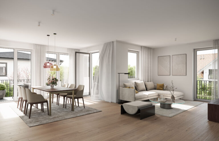 Visualisierung eines Wohnzimmers eines Neubau-Mehrfamilienhauses von DOMINO Bau in München, Bogenhausen-Denning
