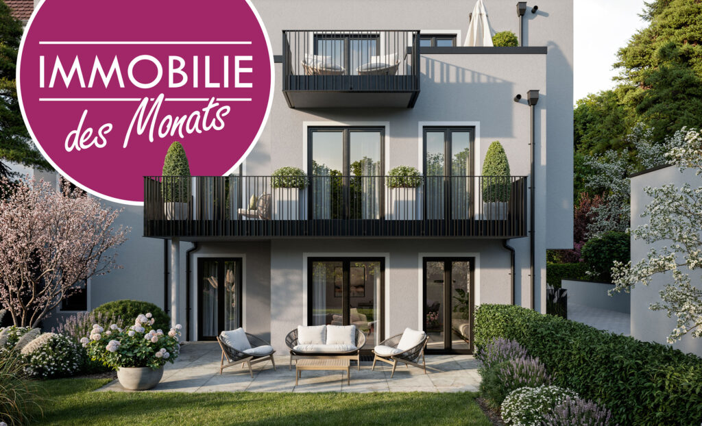 Immobilie des Monats Visualisierung eines Mehrfamilienhauses mit vier Wohnungen von DOMINO Bau in München Obermenzing, Gartenansicht bei Sonnenschein